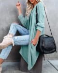 ZoeAce Womens Open Front Knit Cardigan Long Batwing Sleeve Oversized Sweater Chunky Waffle Cable Boho Pockets Coat, Cyan, Large