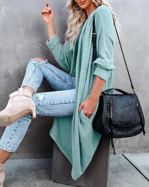 ZoeAce Womens Open Front Knit Cardigan Long Batwing Sleeve Oversized Sweater Chunky Waffle Cable Boho Pockets Coat, Cyan, Large