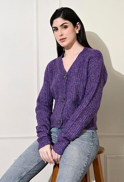 Cable Knit Cropped Cardigan,Front Open,Long Sleeve (in, Alpha, L, Regular, PERPEL)