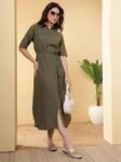 Women's Regular Fit Button Closure Belted Linen Opaque Shirt Midi Dress