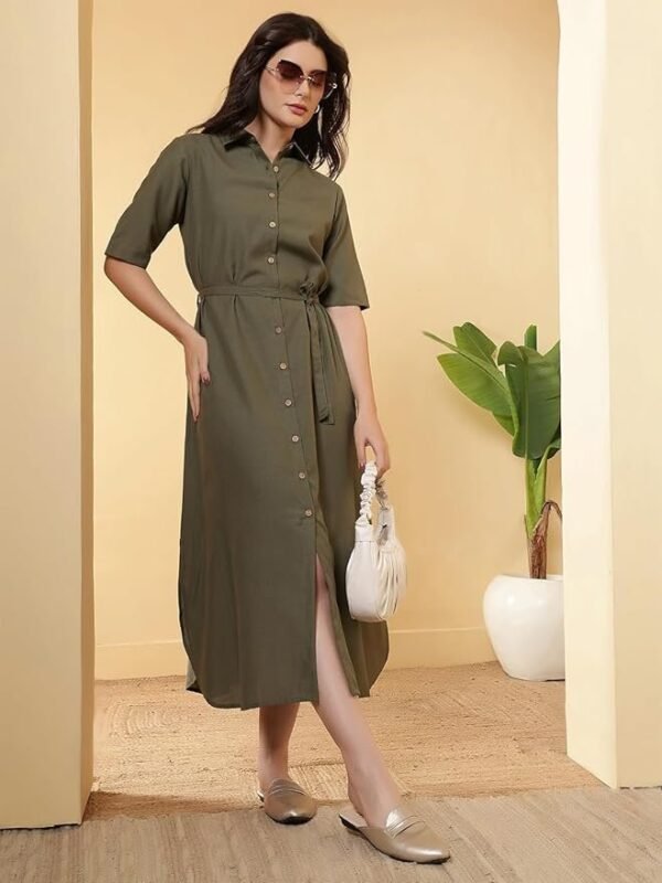 Women's Regular Fit Button Closure Belted Linen Opaque Shirt Midi Dress