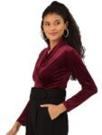 Anvi Be Yourself Women's Solid V Neck Long Sleeve Velvet Wrap Bodysuit || One Piece Full Sleeve Wrap Body Suit for Women || Women Velvet Wrap Style Top Casual Bodysuit with Button Closure