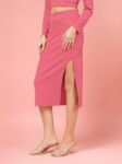 OOMPH! Ribbed Lycra Pencil Skirt with Side Slit for Women