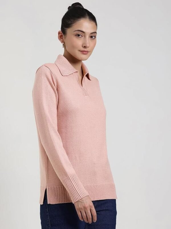 FableStreet Women Sweater Casual | V-Neck Polo Collar Design with Long Sleeves & Ribbed Hem | Solid Pattern Acrylic Knit Fabric for Comfort & Layering