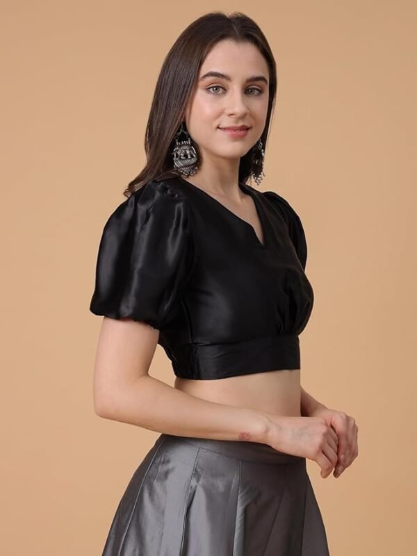 Women's Girls Satin Puff Sleeve Solid V-Neck Crop Top Blouse for Party Wedding Festive