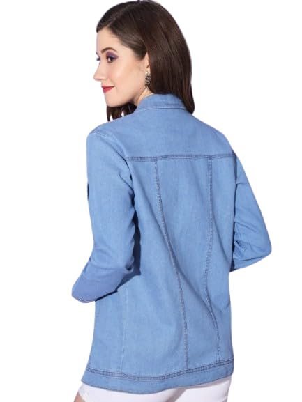 Women's Oversized Blue Denim Jacket, Long Sleeve, Button Front, Classic Casual Style