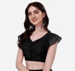 Pujia Mills Women's V Neck Orgenza Three Layer Ruffle Sleeve Frill Readymade Saree Blouse