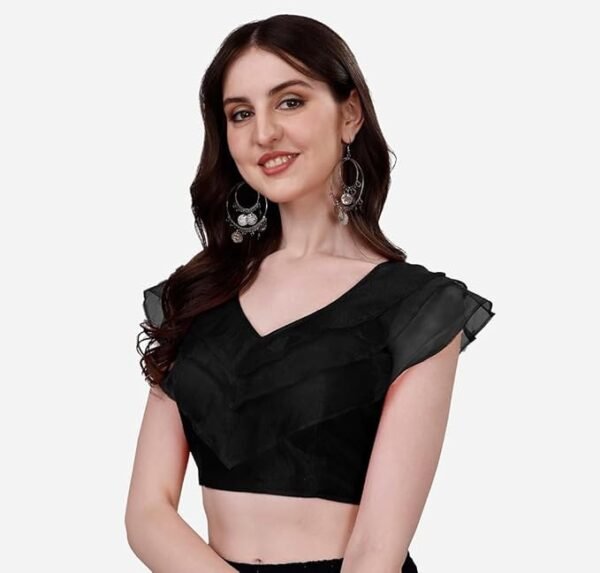 Pujia Mills Women's V Neck Orgenza Three Layer Ruffle Sleeve Frill Readymade Saree Blouse