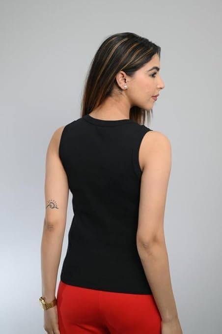 Mlada Cotton Ribbed Knit Tops for Women with Non Transparent Fabric | Stretchable Rib Knitted Sleeveless Racerback Tank Top with Crew Neck | Fitted Rib Knitted Cropped Vest Top