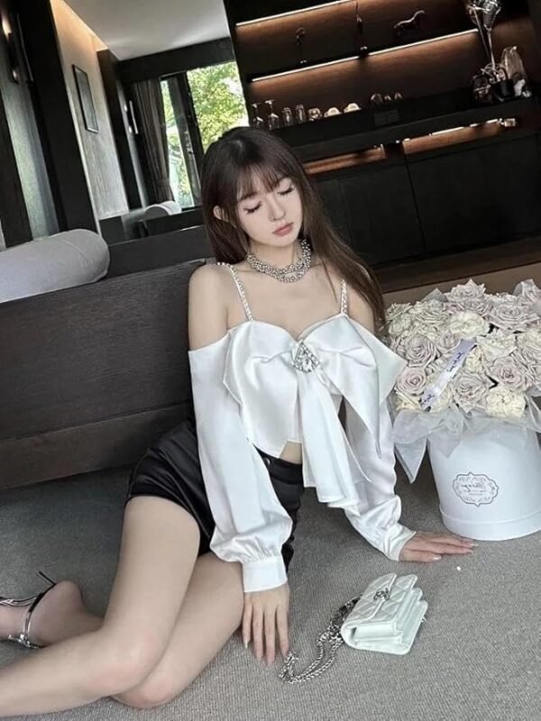 MYSTIFY®Elegant Satin Bow Crop Top with Crystal Brooch, Long Sleeve, Stylish Top for Women