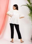 Women's Cotton Boho Blouse Solid White Flowy Peasant Top with Puff Sleeves & Tie-Neck