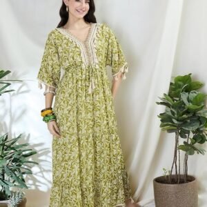 DRAPE AND DAZZLE Boho Floral Print Maxi Dress V-Neck with Lace Trim 3/4 Sleeves Olive Green &White