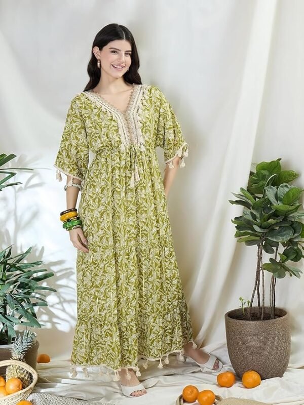 DRAPE AND DAZZLE Boho Floral Print Maxi Dress V-Neck with Lace Trim 3/4 Sleeves Olive Green &White
