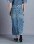 INKD Women's Denim Skirt - Midi Skirt with Front Slit | Long Straight Fit Skirt for Women | Skirt for Woman