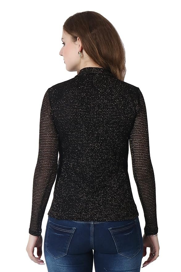 POPWINGS Casual Black-Golden Shimmer Net Top for Women || Full-Sleeves Halter-Neck Women Top for Summer