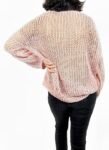 Oversized Open Knit Sweater, Balloon Sleeves, Pink, Chunky Crochet Pattern Size S to M.