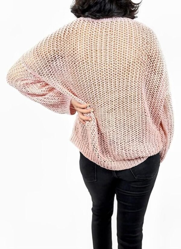 Oversized Open Knit Sweater, Balloon Sleeves, Pink, Chunky Crochet Pattern Size S to M.