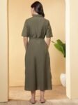 Women's Regular Fit Button Closure Belted Linen Opaque Shirt Midi Dress