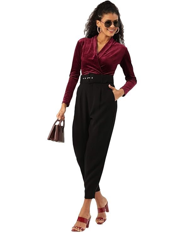 Anvi Be Yourself Women's Solid V Neck Long Sleeve Velvet Wrap Bodysuit || One Piece Full Sleeve Wrap Body Suit for Women || Women Velvet Wrap Style Top Casual Bodysuit with Button Closure