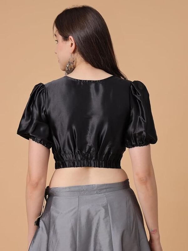 Women's Girls Satin Puff Sleeve Solid V-Neck Crop Top Blouse for Party Wedding Festive