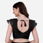 Pujia Mills Women's V Neck Orgenza Three Layer Ruffle Sleeve Frill Readymade Saree Blouse