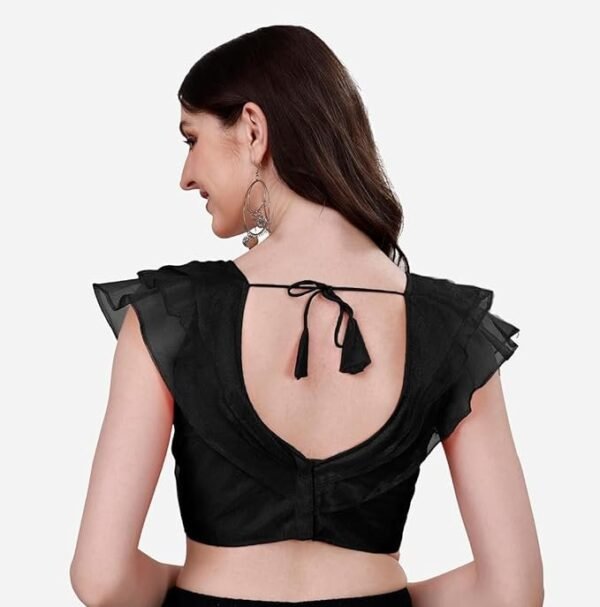 Pujia Mills Women's V Neck Orgenza Three Layer Ruffle Sleeve Frill Readymade Saree Blouse