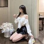 MYSTIFY®Elegant Satin Bow Crop Top with Crystal Brooch, Long Sleeve, Stylish Top for Women