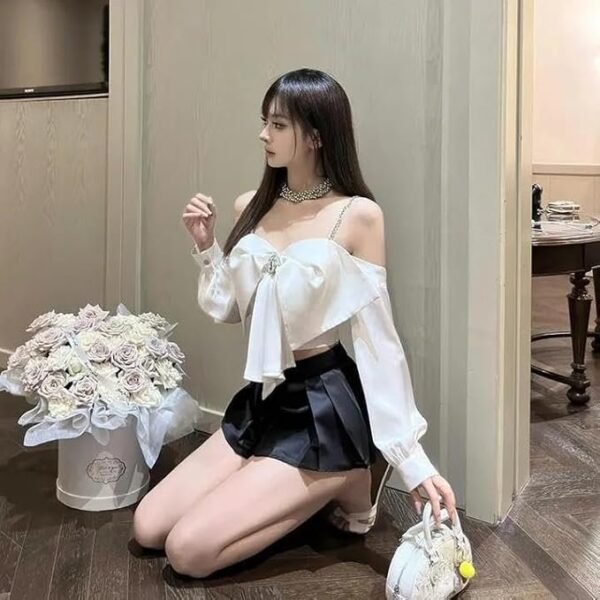 MYSTIFY®Elegant Satin Bow Crop Top with Crystal Brooch, Long Sleeve, Stylish Top for Women