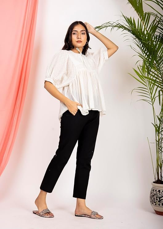Women's Cotton Boho Blouse Solid White Flowy Peasant Top with Puff Sleeves & Tie-Neck