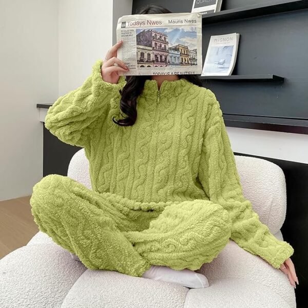 Women Winter Home Wear Fleece Night Suit Short Zipper Full Sleeve (Parrot Green)