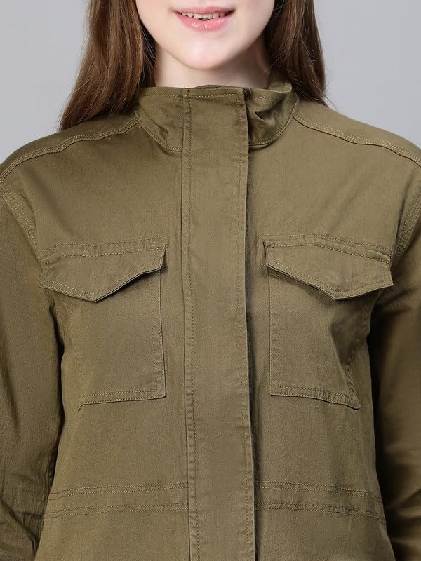 oxolloxo Women Collared Snap Buttoned Long Sleeve Cotton Jacket