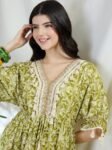 DRAPE AND DAZZLE Boho Floral Print Maxi Dress V-Neck with Lace Trim 3/4 Sleeves Olive Green &White