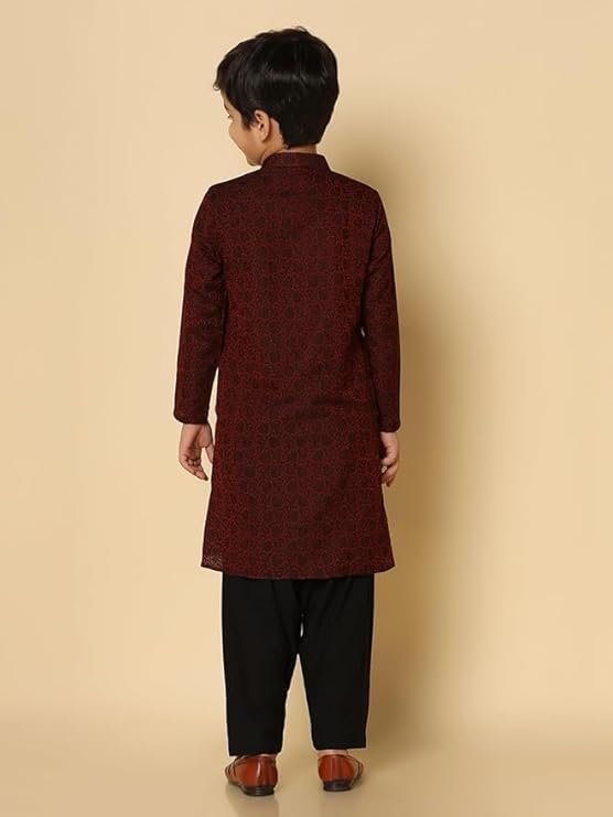 KISAH Boy's Maroon Jacquard Silk Blend Kurta- Regular Fit with Mandarin Collar|Traditional Indian