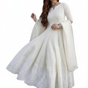 Women's Cotton Chikankari Long Anarkali Kurti with Dupatta