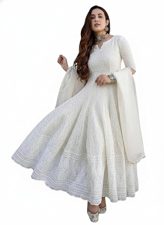 Women's Cotton Chikankari Long Anarkali Kurti with Dupatta