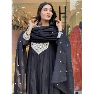 Naixa Women's Silk Chiffon Embroidered A-Line Kurta with Rayon Pant and Silk Chiffon Laced Dupatta Sets (Available in Plus Size) (NX-661)