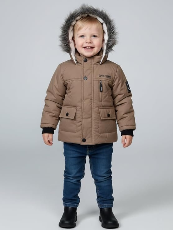 TUTE Stylish Infant Winter Jacket with Fur Hood & Sherpa Lining – Super Explorer Design