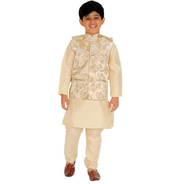 Pro-Ethic Style Developer Kurta Pajama For Kids Boys With Waistcoat | Silk | Floral | Traditional Dress (S-209)