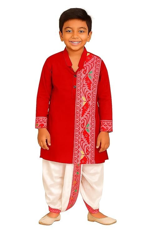 Superminis Boy's Rayon Kurta with Mirror Embroidery and Pyjama with Elastic Closure