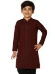 KISAH Boy's Maroon Jacquard Silk Blend Kurta- Regular Fit with Mandarin Collar|Traditional Indian