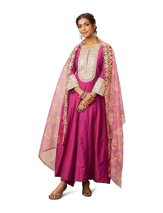 Myx Women's Embroidered Anarkali Kurta Pant Set with Organza Dupatta