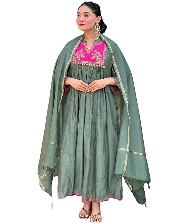 GoSriKi Women's Rayon Viscose Embroidered Anarkali Kurta with Pant & Dupatta