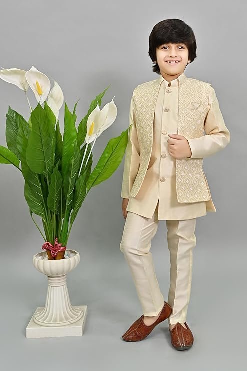 AHHAAAA Kids Indian Ethnic Velvet Waistcoat Silk Kurta Pyjama Set Bollywood Style Wedding Ethnic for Boys