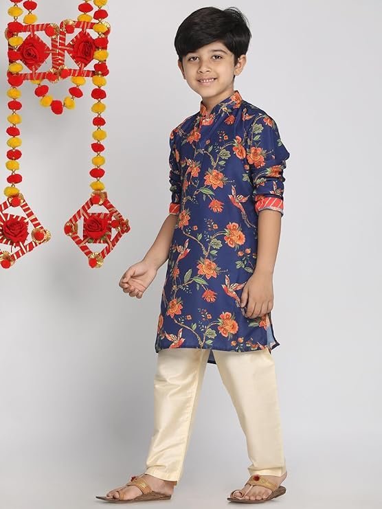VASTRAMAY Boys Muslin Floral Kurta Set for Janmashtami, Diwali Ethnic Wear