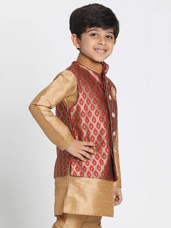 VASTRAMAY Black Cotton Silk Blend Boys Nehru Modi Jacket