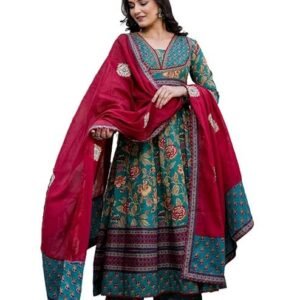 Pistaa's Women's Pure Cotton Anarkali Floral Printed Kurta with Palazzo & Dupatta Set