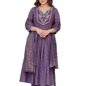 Amazon Brand - Myx Women's Embroidered Anarkali Kurta Pant Set with Organza Dupatta