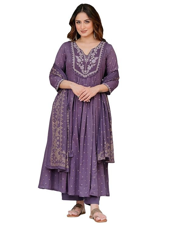 Arayna Women’s 100% Pure Cotton Anarkali Kurta Set with Pant & Dupatta | Embroidered Flared Kurta