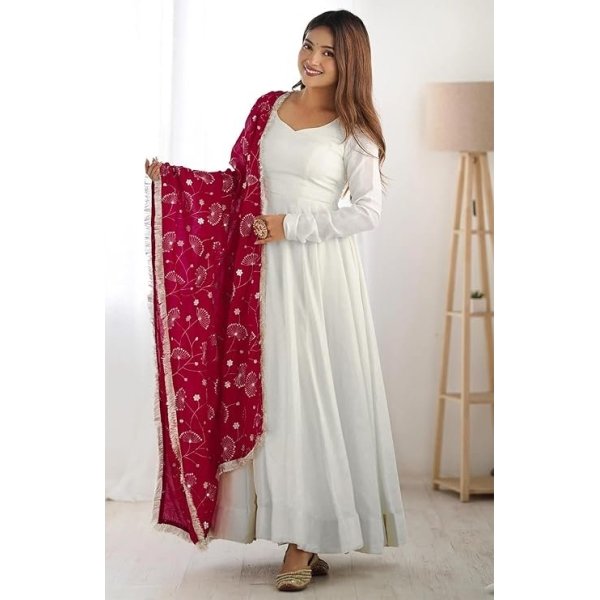 GoSriKi Women’s Elegant Wine Anarkali Kurta Set with Dupatta | Printed Traditional Soft Rayon Fabric