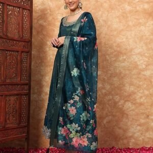 ANNI DESIGNER Women's Cotton Blend Anarkali Printed Kurta with Pant & Dupatta